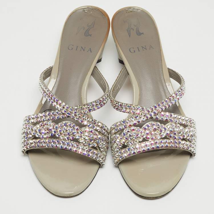 Pre Owned Gina Grey Patent Leather Crystal Embellished Slide Sandals Size 38