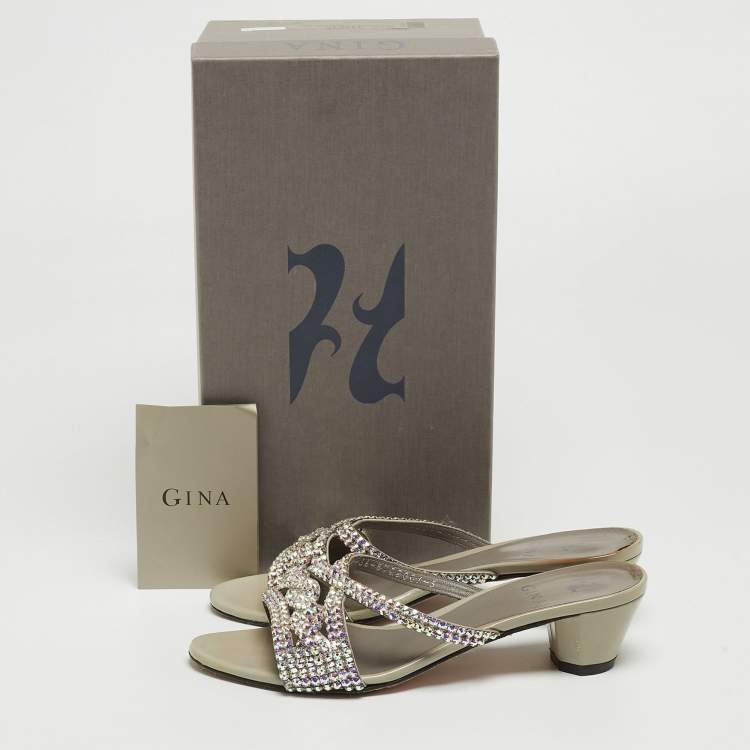 Pre Owned Gina Grey Patent Leather Crystal Embellished Slide Sandals Size 38