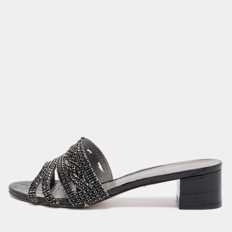 Pre Owned Gina Black Croc Embossed Patent Leather Crystal Embellished Slides Sandals Size 38
