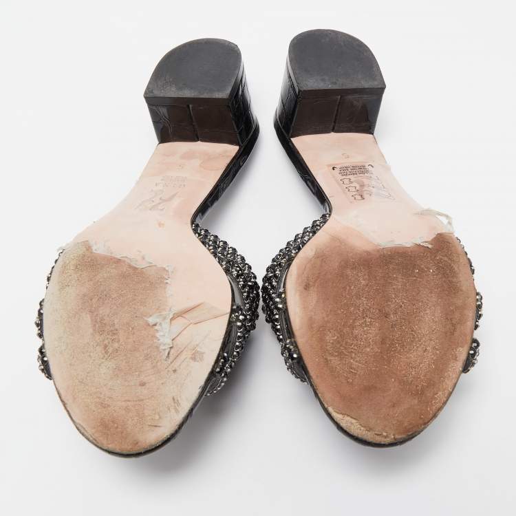 Pre Owned Gina Black Croc Embossed Patent Leather Crystal Embellished Slides Sandals Size 38