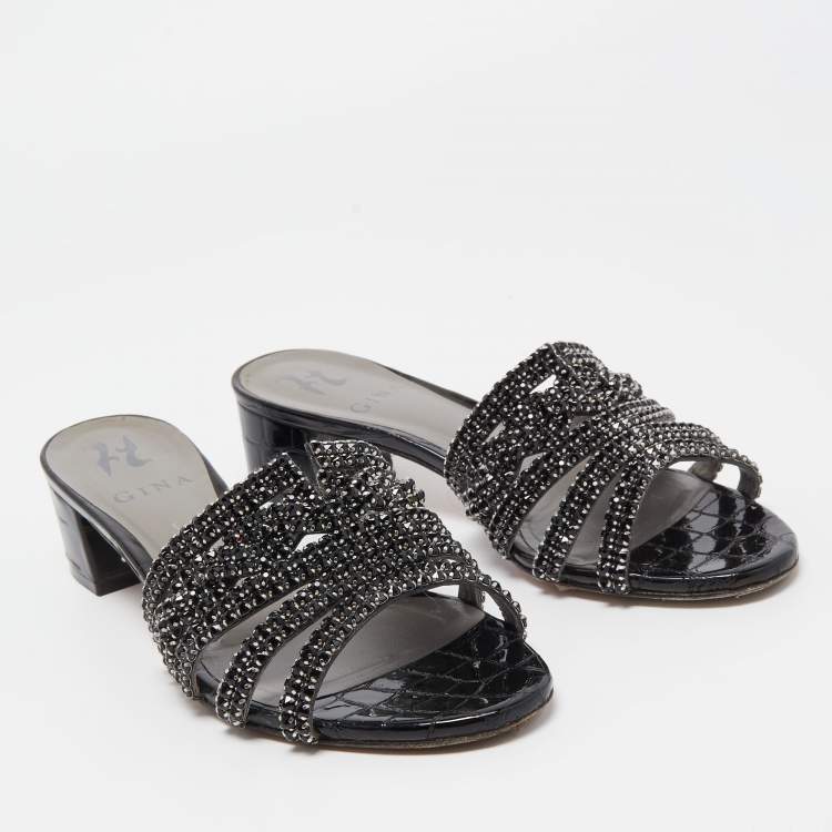 Pre Owned Gina Black Croc Embossed Patent Leather Crystal Embellished Slides Sandals Size 38