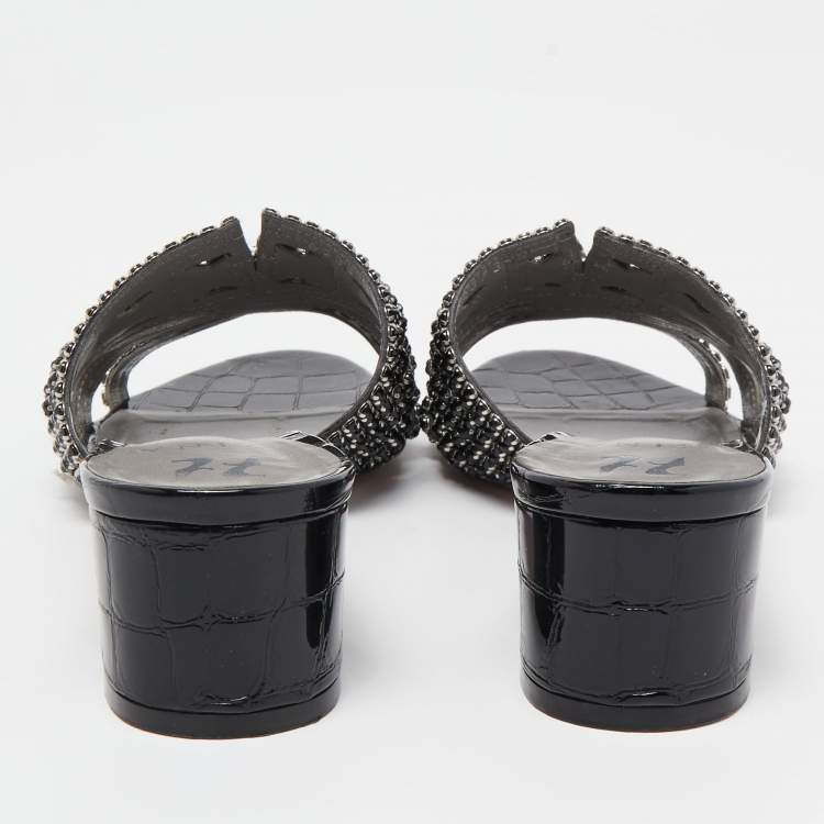 Pre Owned Gina Black Croc Embossed Patent Leather Crystal Embellished Slides Sandals Size 38