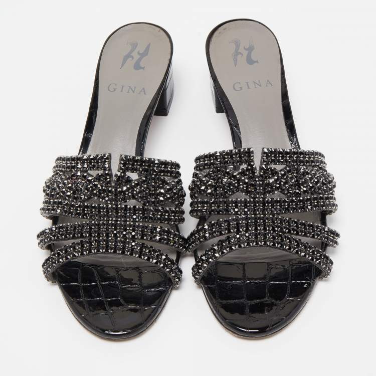 Pre Owned Gina Black Croc Embossed Patent Leather Crystal Embellished Slides Sandals Size 38