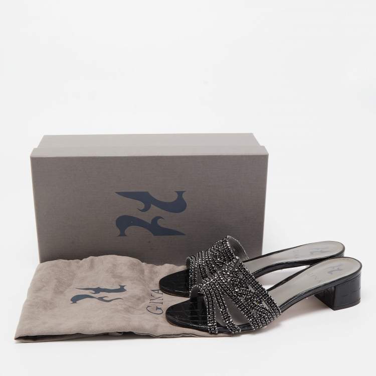 Pre Owned Gina Black Croc Embossed Patent Leather Crystal Embellished Slides Sandals Size 38