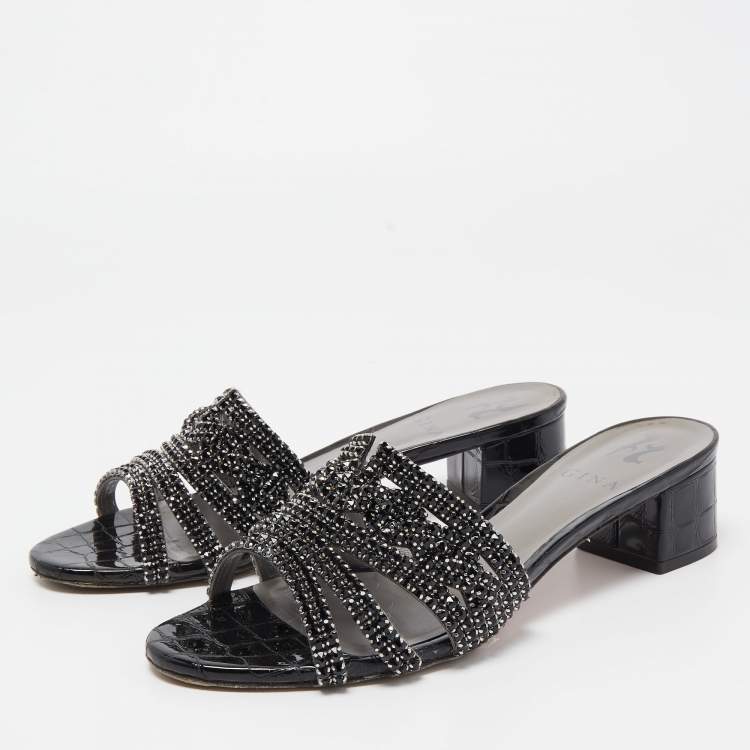 Pre Owned Gina Black Croc Embossed Patent Leather Crystal Embellished Slides Sandals Size 38