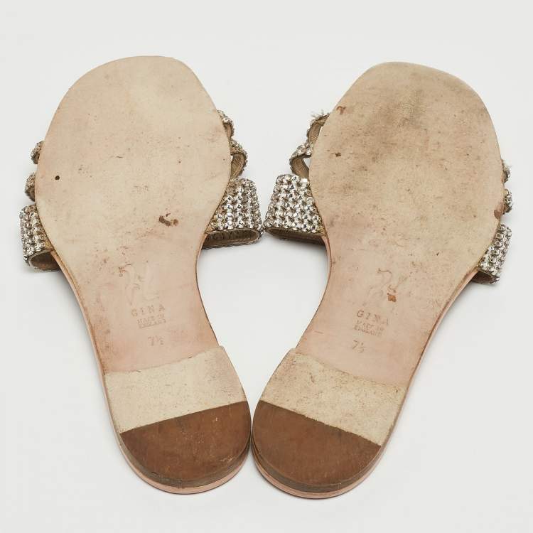 مملوكة مسبقًا Gina Silver/Pink Crystal Embellished Leather Flat Slides Size 40.5