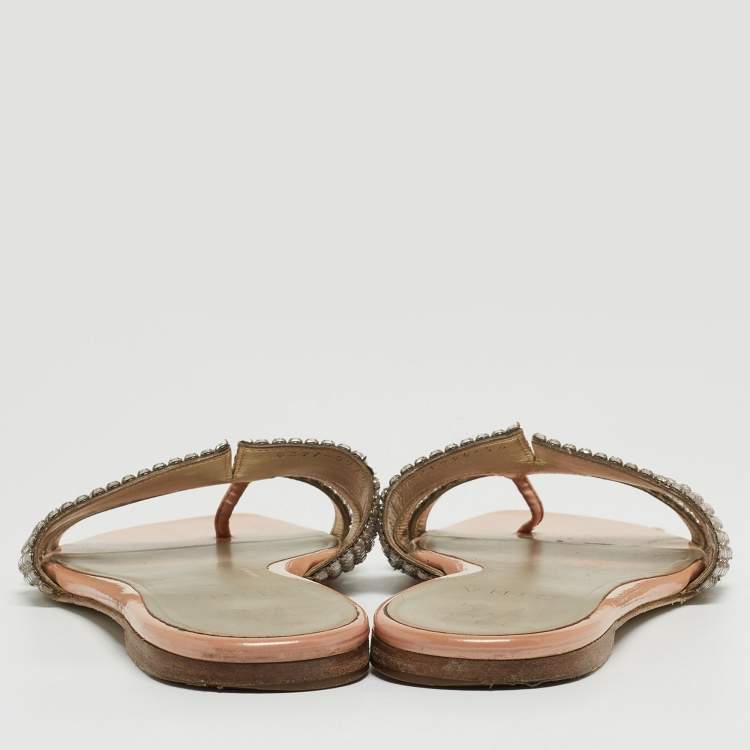 مملوكة مسبقًا Gina Silver/Pink Crystal Embellished Leather Flat Slides Size 40.5