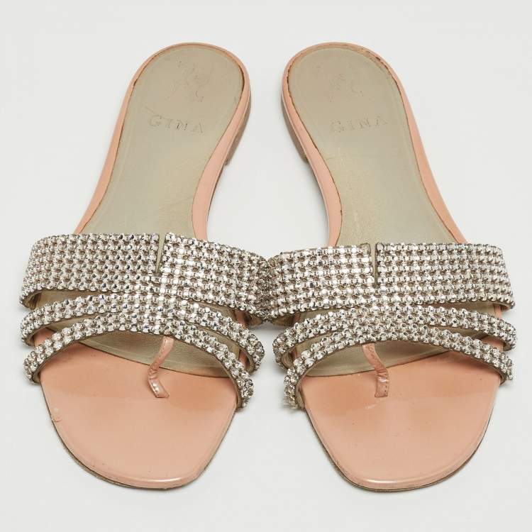 مملوكة مسبقًا Gina Silver/Pink Crystal Embellished Leather Flat Slides Size 40.5