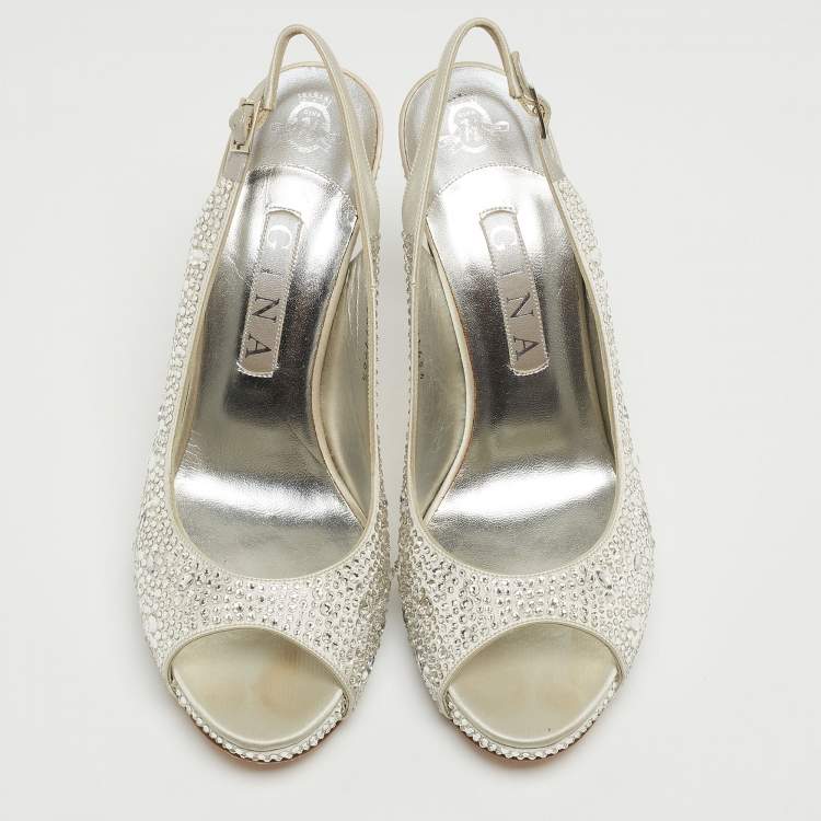 مملوكة مسبقًا Gina Silver Crystal Embellished Satin Open-Toe Platform Slingback Sandals Size 39.5