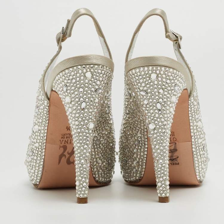 مملوكة مسبقًا Gina Silver Crystal Embellished Satin Open-Toe Platform Slingback Sandals Size 39.5