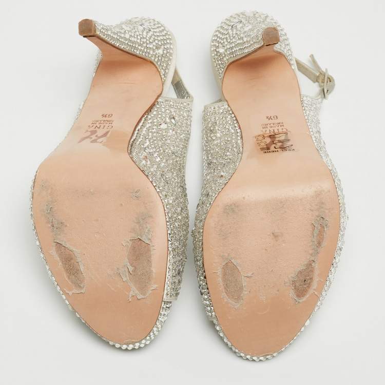 مملوكة مسبقًا Gina Silver Crystal Embellished Satin Open-Toe Platform Slingback Sandals Size 39.5