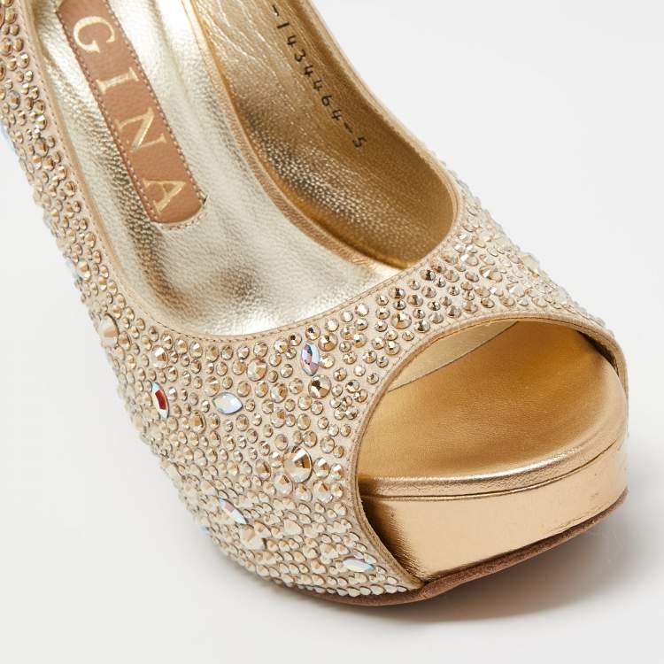 Pre Owned Gina Gold Satin Crystal Embellished Peep Toe Platform Pumps Size 38