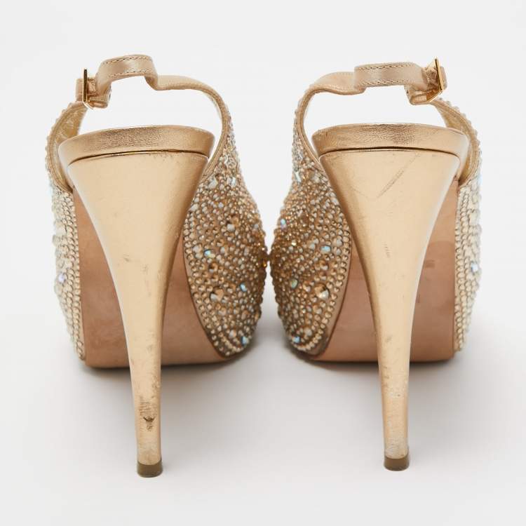 Pre Owned Gina Gold Satin Crystal Embellished Peep Toe Platform Pumps Size 38
