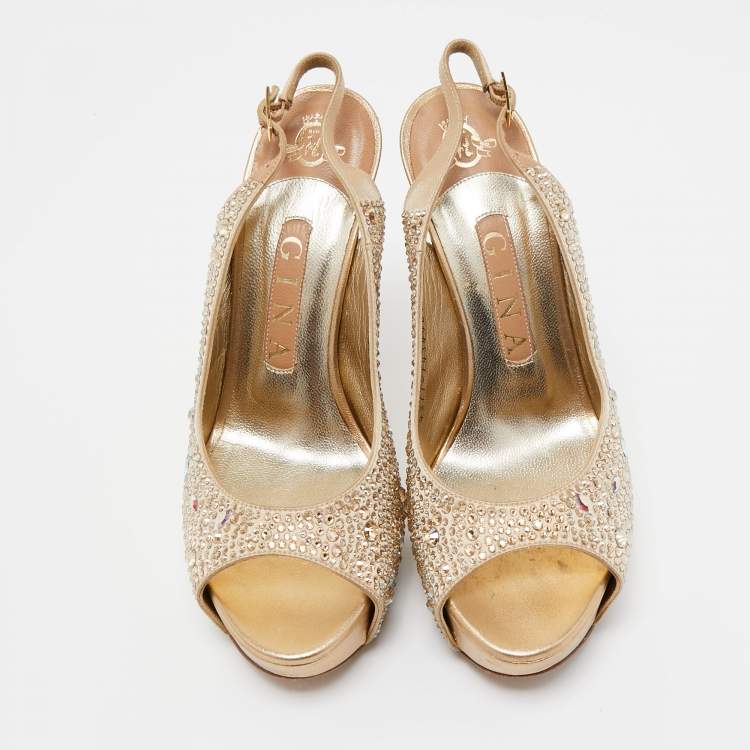 Pre Owned Gina Gold Satin Crystal Embellished Peep Toe Platform Pumps Size 38
