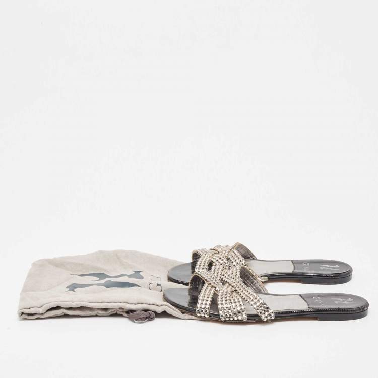 Pre Owned Gina Silver/Black Crystal Embellished Leather Thong Flats Size 38