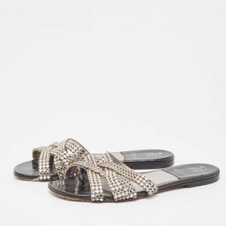 Pre Owned Gina Silver/Black Crystal Embellished Leather Thong Flats Size 38