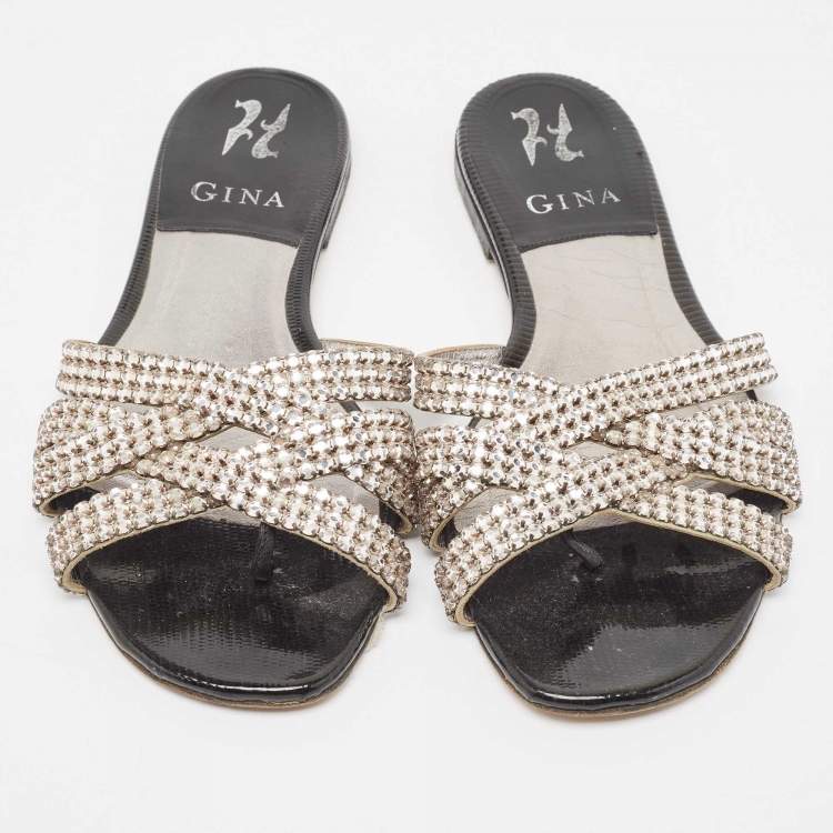 Pre Owned Gina Silver/Black Crystal Embellished Leather Thong Flats Size 38
