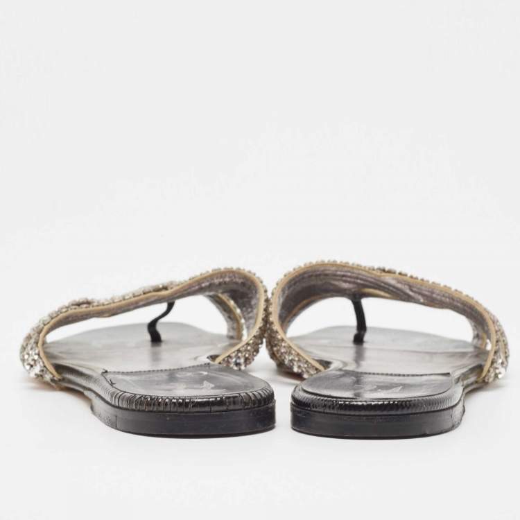 Pre Owned Gina Silver/Black Crystal Embellished Leather Thong Flats Size 38