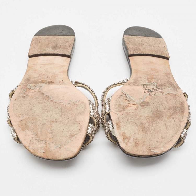 Pre Owned Gina Silver/Black Crystal Embellished Leather Thong Flats Size 38