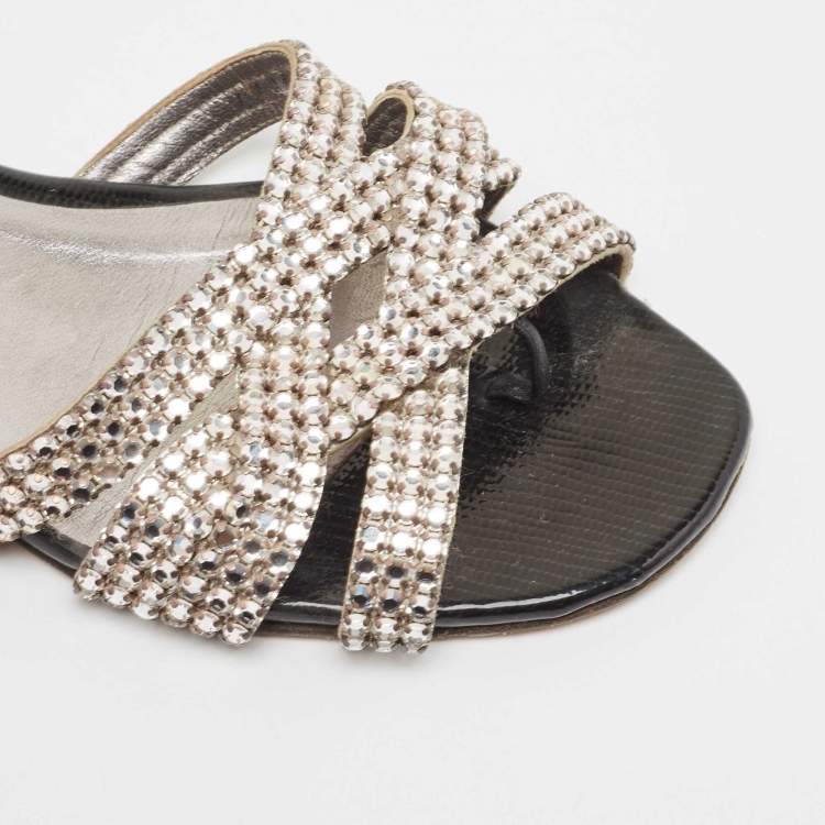 Pre Owned Gina Silver/Black Crystal Embellished Leather Thong Flats Size 38
