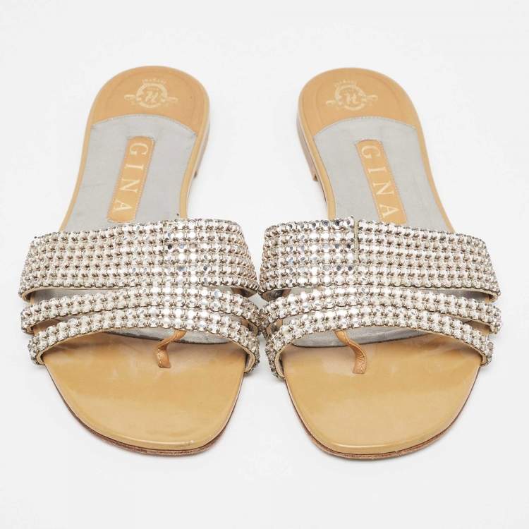 مملوكة مسبقًا Gina Silver/Beige Crystal Embellished Leather Thong Flats Size 38
