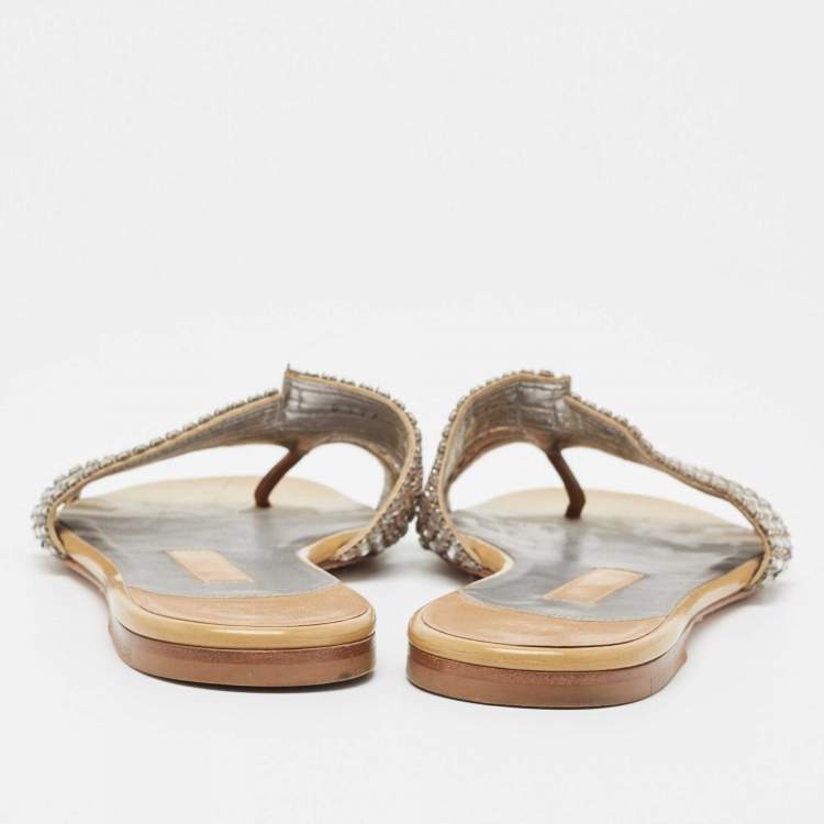مملوكة مسبقًا Gina Silver/Beige Crystal Embellished Leather Thong Flats Size 38
