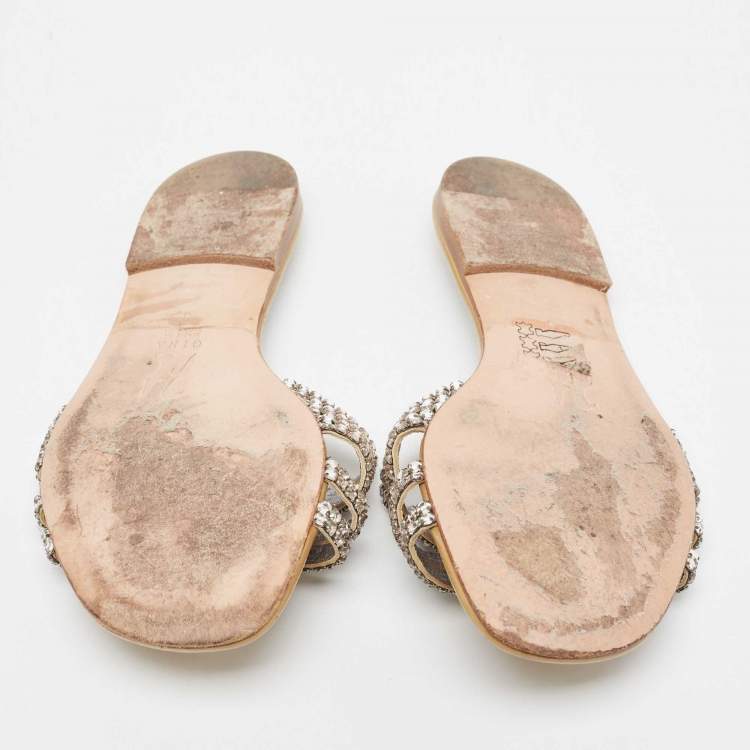 مملوكة مسبقًا Gina Silver/Beige Crystal Embellished Leather Thong Flats Size 38