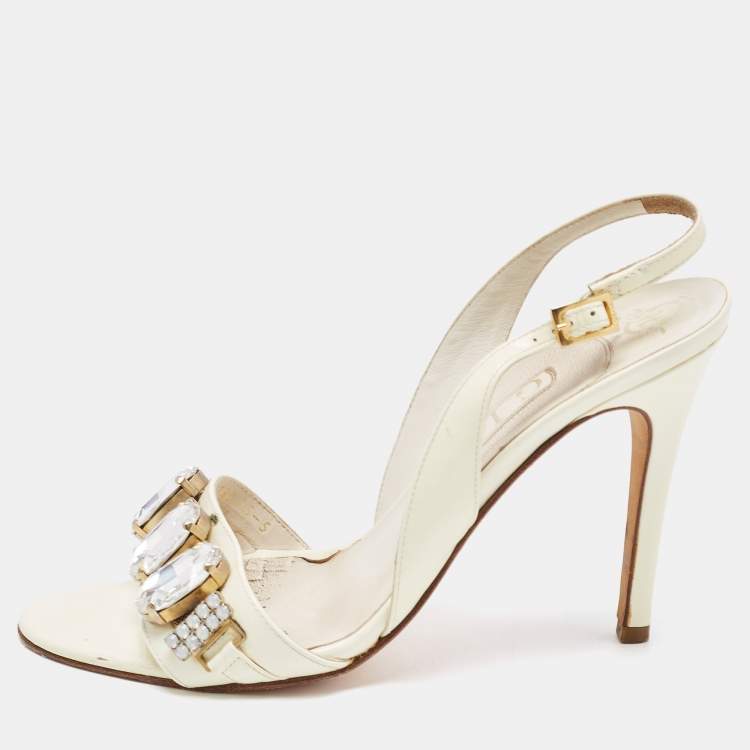 Pre Owned Gina Cream Patent Leather Crystal Embellished Slingback Sandals Size 38