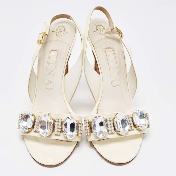 Pre Owned Gina Cream Patent Leather Crystal Embellished Slingback Sandals Size 38