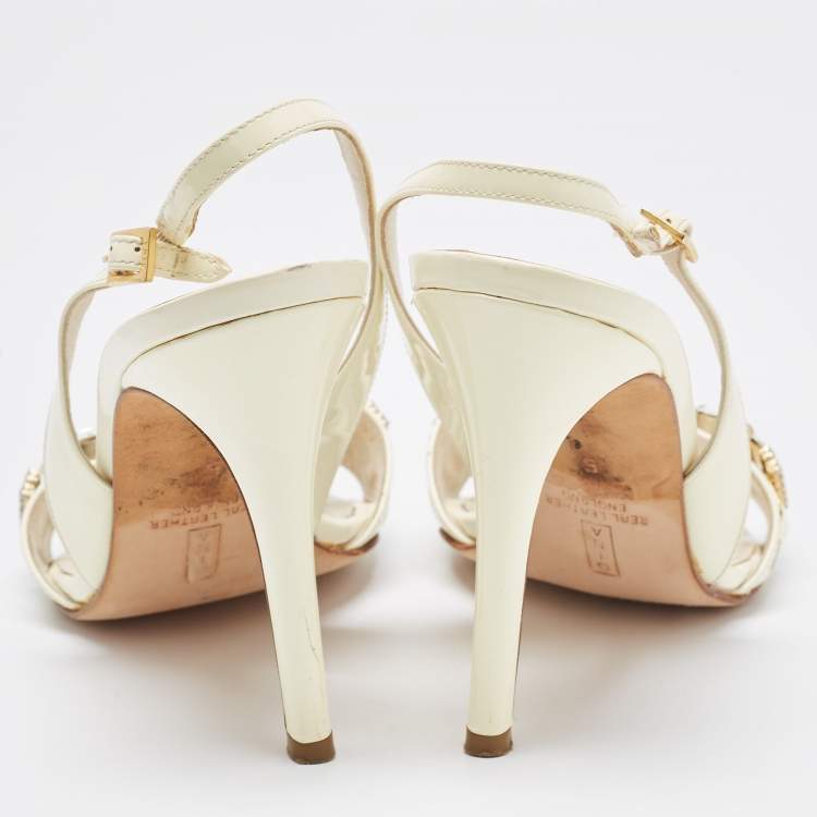 Pre Owned Gina Cream Patent Leather Crystal Embellished Slingback Sandals Size 38
