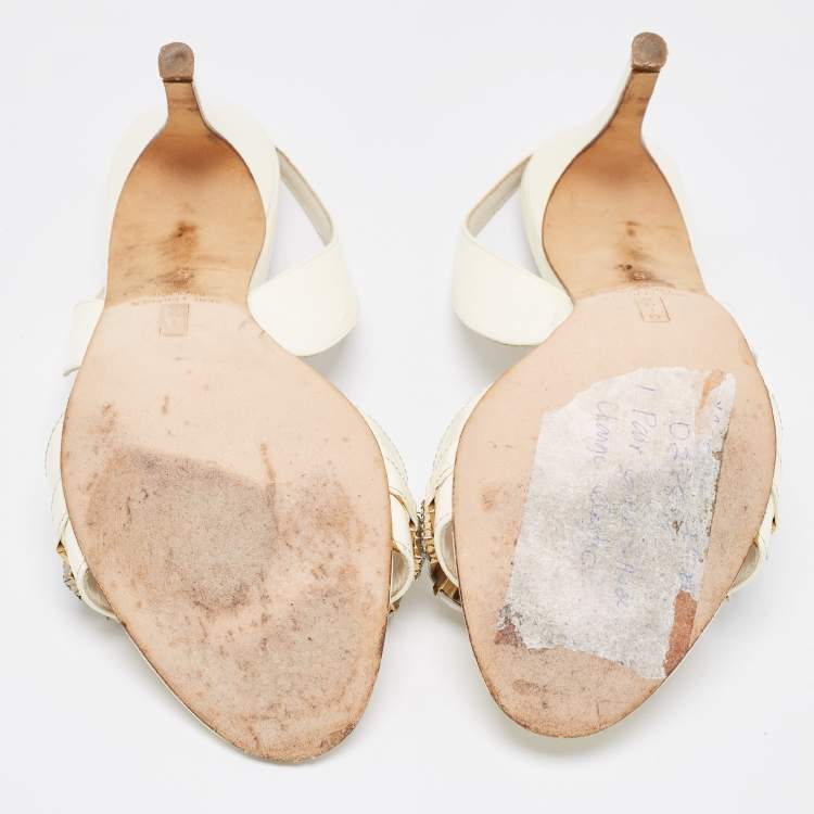 Pre Owned Gina Cream Patent Leather Crystal Embellished Slingback Sandals Size 38
