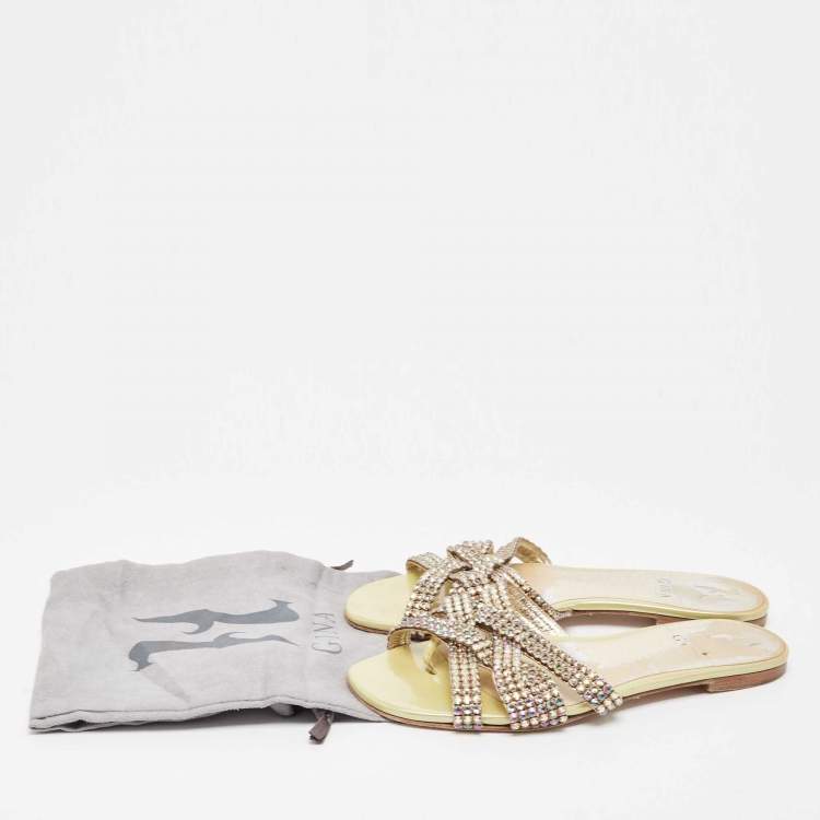 Pre Owned Gina Yellow Crystal Embellished Leather Thong Flats Size 38.5