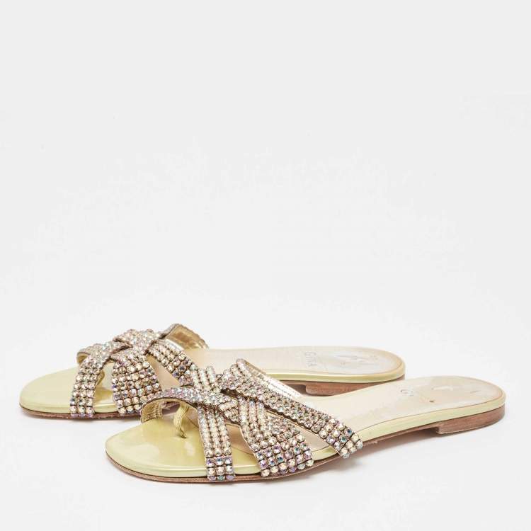 Pre Owned Gina Yellow Crystal Embellished Leather Thong Flats Size 38.5