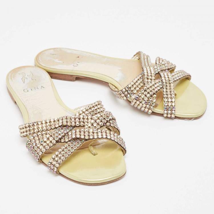 Pre Owned Gina Yellow Crystal Embellished Leather Thong Flats Size 38.5