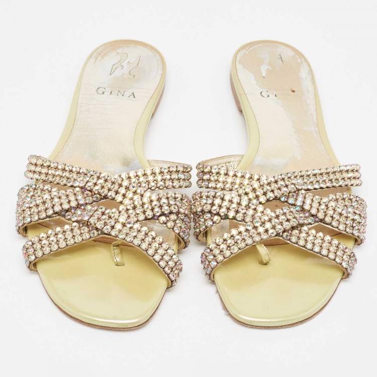 Pre Owned Gina Yellow Crystal Embellished Leather Thong Flats Size 38.5