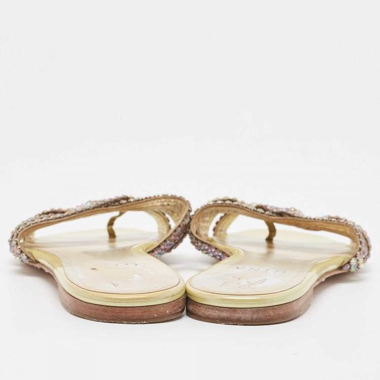 Pre Owned Gina Yellow Crystal Embellished Leather Thong Flats Size 38.5