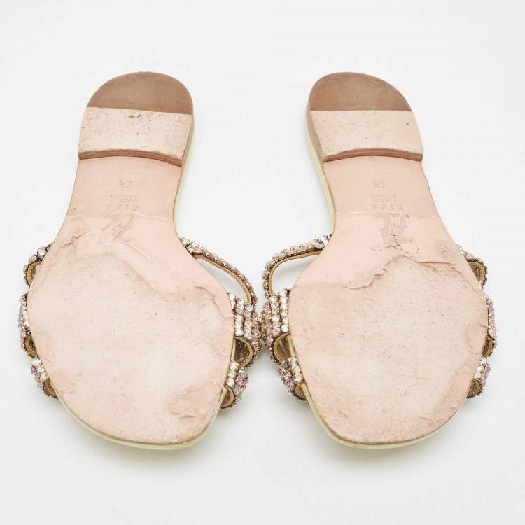 Pre Owned Gina Yellow Crystal Embellished Leather Thong Flats Size 38.5