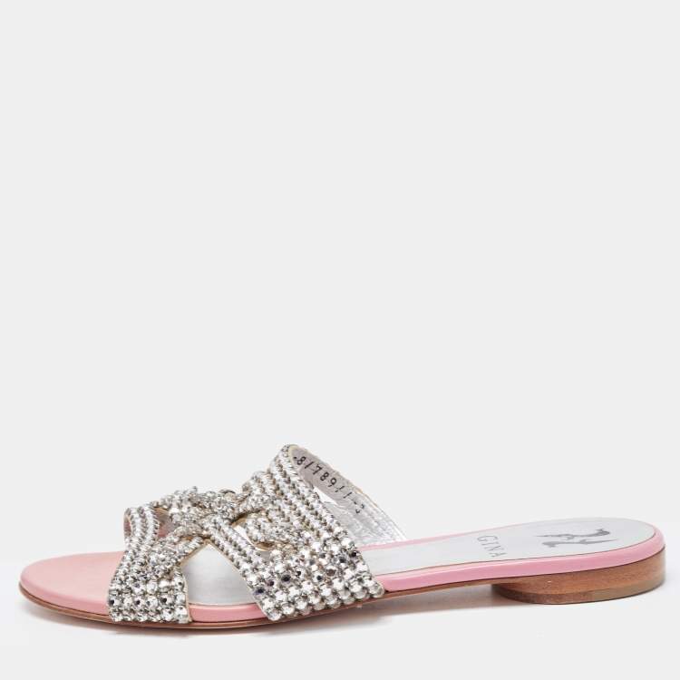 Pre Owned Gina Silver/Pink Crystal Embellished Leather Flat Slides Size 36