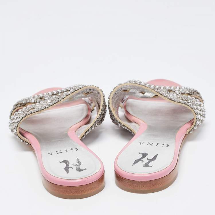 Pre Owned Gina Silver/Pink Crystal Embellished Leather Flat Slides Size 36