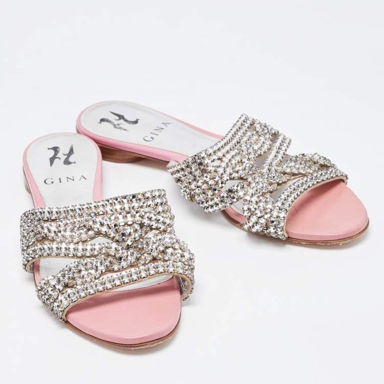 Pre Owned Gina Silver/Pink Crystal Embellished Leather Flat Slides Size 36
