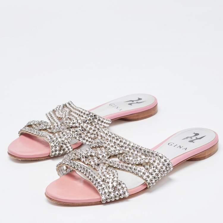 Pre Owned Gina Silver/Pink Crystal Embellished Leather Flat Slides Size 36