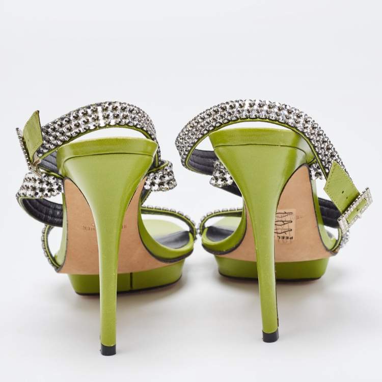 Pre Owned Gina Green Crystal Embellished Leather Cross Ankle Strap Sandals Size 39