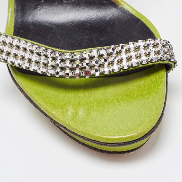 Pre Owned Gina Green Crystal Embellished Leather Cross Ankle Strap Sandals Size 39
