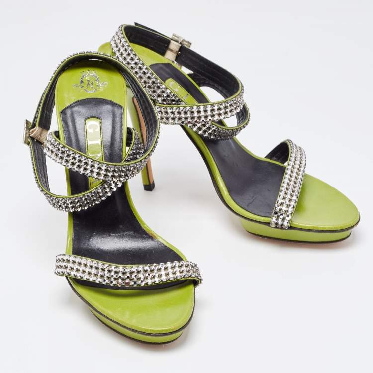 Pre Owned Gina Green Crystal Embellished Leather Cross Ankle Strap Sandals Size 39