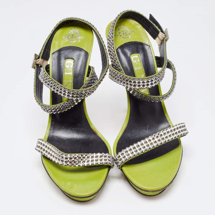 Pre Owned Gina Green Crystal Embellished Leather Cross Ankle Strap Sandals Size 39