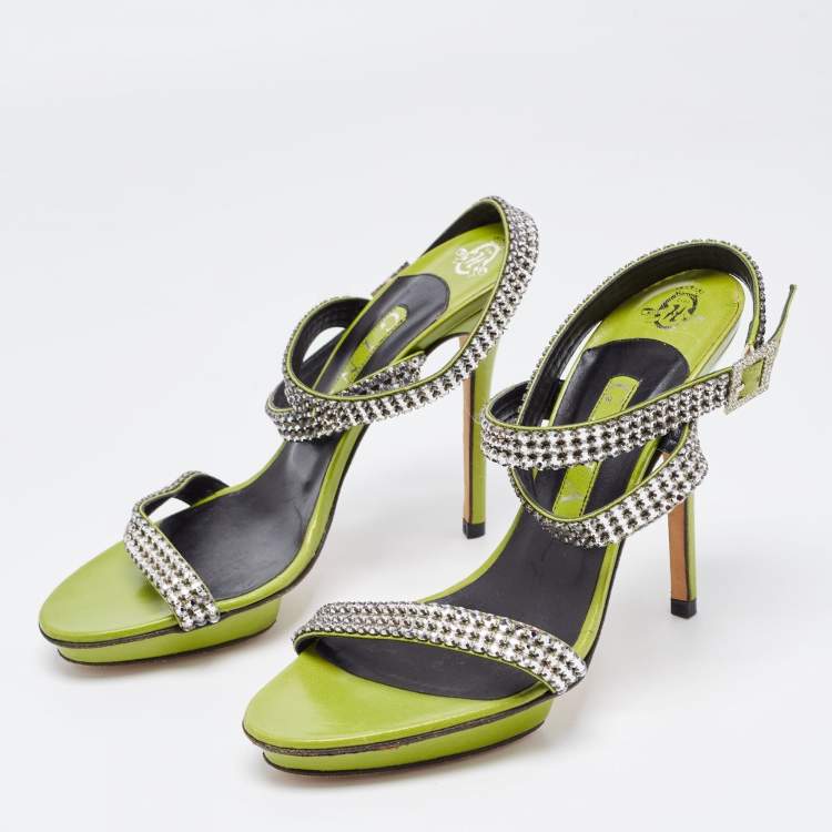 Pre Owned Gina Green Crystal Embellished Leather Cross Ankle Strap Sandals Size 39