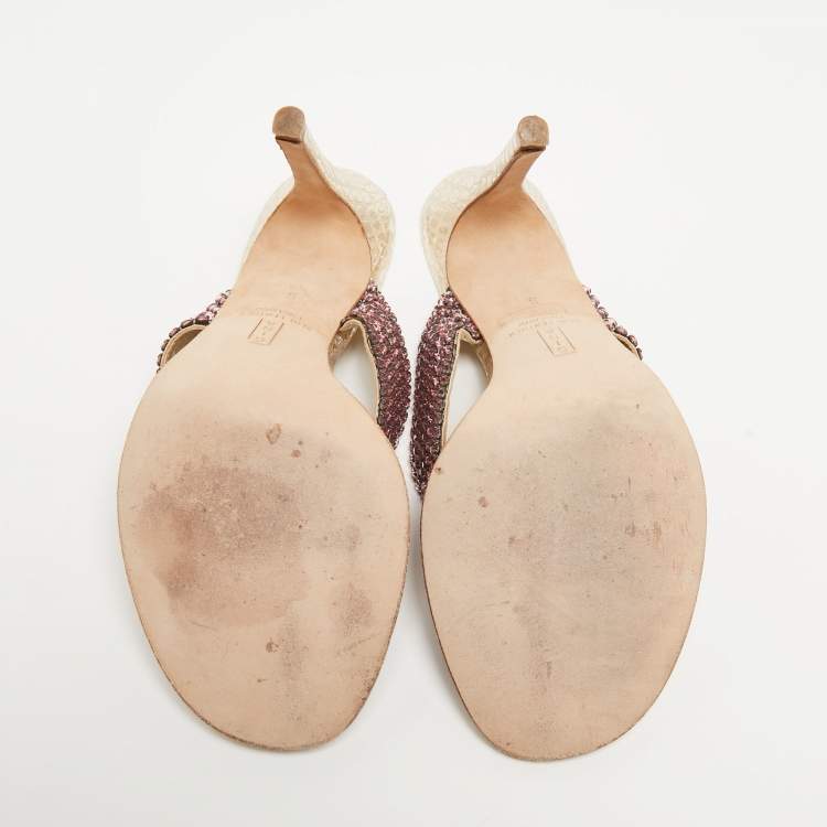 Pre Owned Gina Gold Leather Crystal Embellished Thong Sandals Size 38