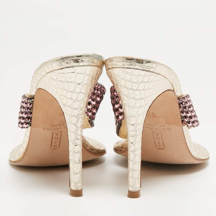 Pre Owned Gina Gold Leather Crystal Embellished Thong Sandals Size 38