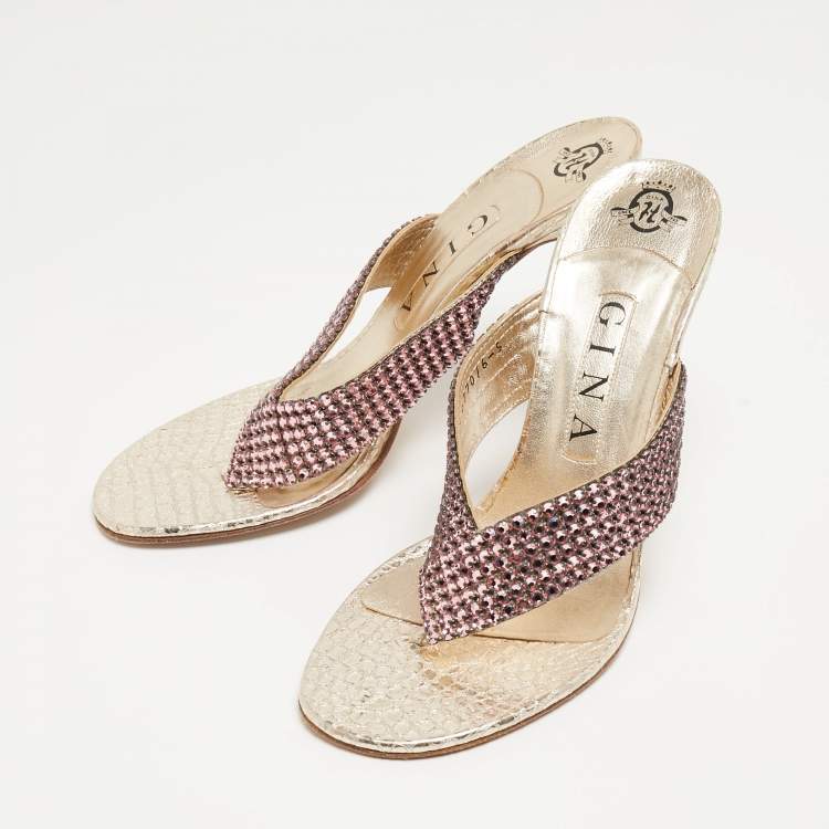 Pre Owned Gina Gold Leather Crystal Embellished Thong Sandals Size 38