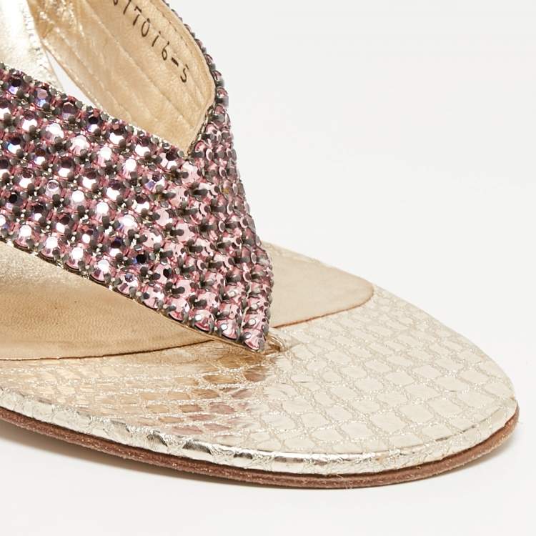 Pre Owned Gina Gold Leather Crystal Embellished Thong Sandals Size 38